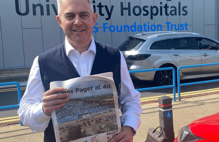 Brandon with the Great Yarmouth Mercury outside the James Paget Hospital