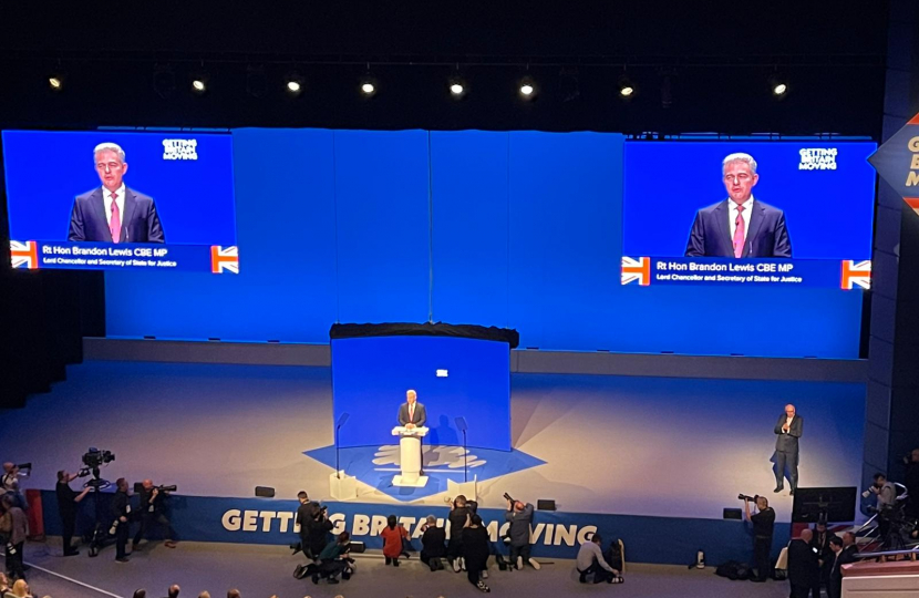 Brandon Lewis speaking to Conservative Party Conference in Birmingham